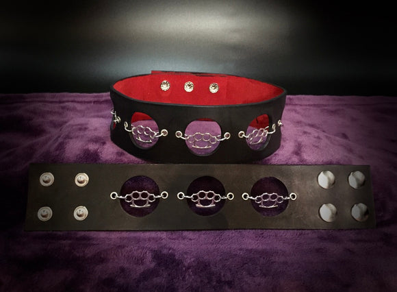 SUEDE LINED LEATHER CHOKER AND WRIST CUFF SET W/CHARMS