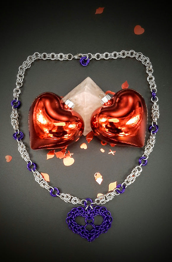 PURPLE CHAINMAIL HEART NECKLACE